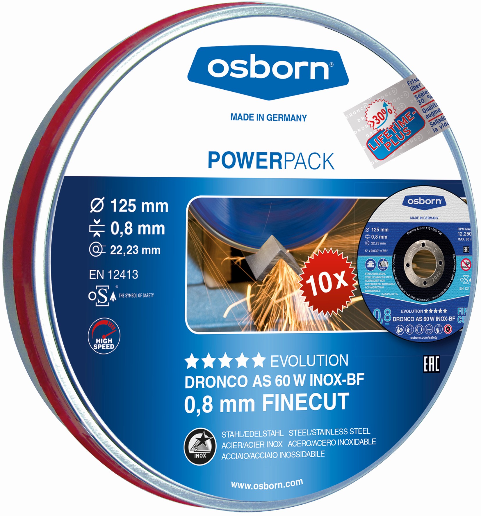 Lata sellada de 10 discos de corte metal 125 x 0,8 mm AS 60 W EvolutionLifetime Plus